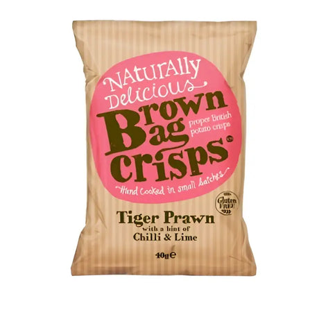 A brown paper bag of brown bag crisps prawn chilli and lime flavor potato crisps with pink and green text