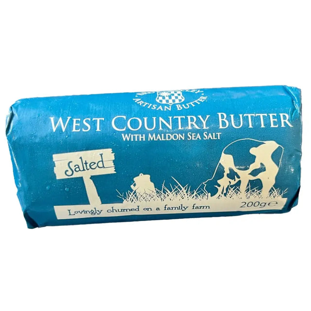 A blue-wrapped block of brue valley salted rolled butter with cream text and maldon sea salt featuring farrs farm butter style