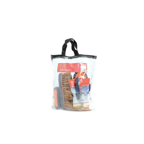 Clear plastic tote christmas grooming kit with black handles red gift for christmas label and pro groom brushes inside