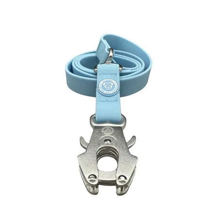 Light blue leather btactical frog clip dog lead with silver anti-tangle swivel buckle and circular logo patch
