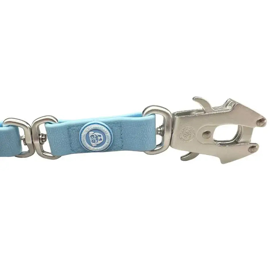 Pastel blue light leather btactical frog clip dog lead with silver metal hardware and anti-tangle swivel buckle