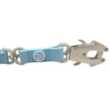 Pastel blue light leather btactical frog clip dog lead with silver metal hardware and anti-tangle swivel buckle