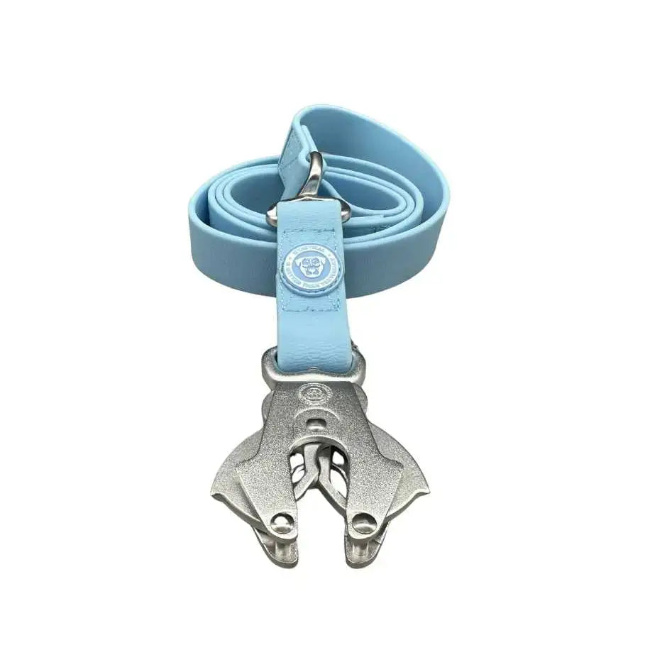 Light blue leather btactical frog clip dog lead with anti-tangle swivel buckle and silver bat charm