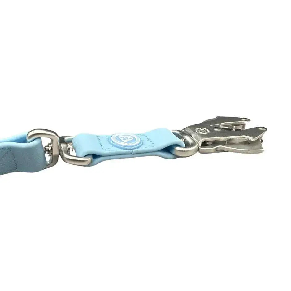 Light blue leather btactical frog clip dog lead with silver anti-tangle swivel buckle and strong clip attachment