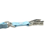 Light blue leather btactical frog clip dog lead with silver anti-tangle swivel buckle and strong clip attachment