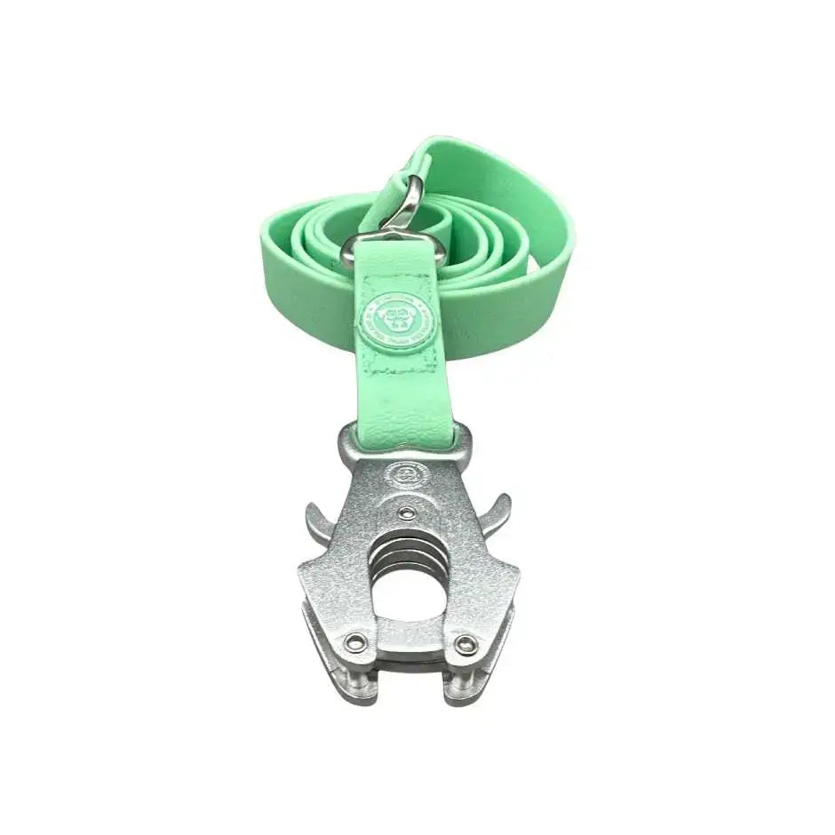 Mint green leather btactical lead with pvc frog clip silver clasp anti-tangle swivel buckle and logo patch