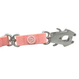 Pink leather clip dog lead with silver pvc frog clip anti-tangle swivel buckle and circular brand emblem
