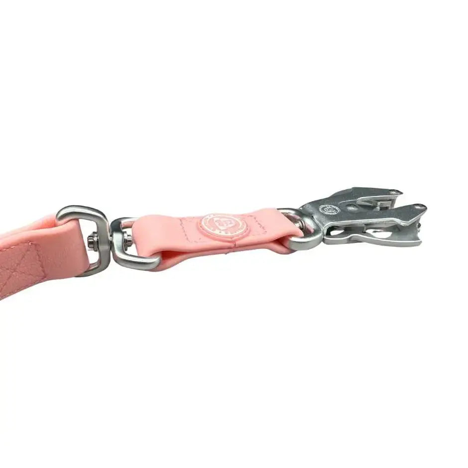 Pink quilted leather clip dog lead with anti-tangle swivel buckle and silver pvc frog clip by BTactical