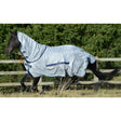 Light gray bucas buzz off fly rug with navy trim heat reflective fabric and fine mesh detachable neck design