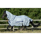 Light gray bucas buzz off fly rug with navy trim heat reflective fabric and fine mesh detachable neck design