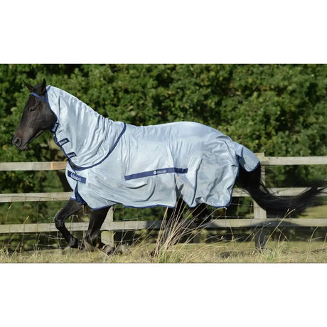 Light gray bucas buzz off fly rug with navy trim heat reflective fabric and fine mesh detachable neck design
