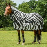 Black and white zebra fly rug for horses and ponies with bucas buzz branding made from breathable mesh fabric