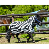 Black and white zebra-striped bucas buzz fly rug for horses made from breathable mesh fabric with small side logo