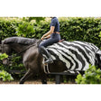 Black and white zebra-striped bucas buzz off riding fly rug with detachable neck for horse protection