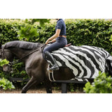 Black and white zebra-striped bucas buzz off riding fly rug with detachable neck for horse protection