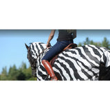 A zebra-patterned bucas buzz off riding fly rug with bold black and white stripes and detachable neck covering a horse
