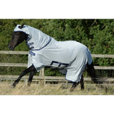Light gray bucas buzz off x fly sheet with navy trim and shoulder darts for sweet itch protection on horses and ponies