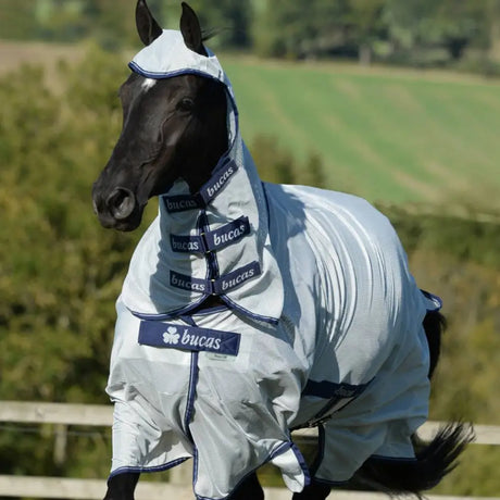 Light gray and navy blue bucas buzz off x fly sheet with mesh panels and shoulder darts for sweet itch protection