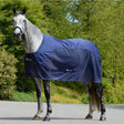 Navy blue bucas competition cooler horse blanket with waterproof stay-dry lining and reinforced stitching on the side