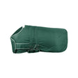 Dark green bucas foal turnout rug with white trim, adjustable black straps, sweat absorbing lining, and thermal padding