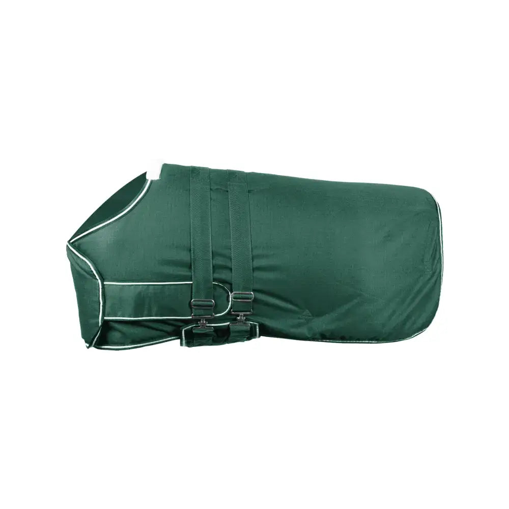 Dark green bucas foal turnout rug with white trim, adjustable black straps, sweat absorbing lining, and thermal padding