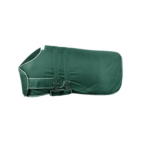 Dark green bucas foal turnout rug with white trim, adjustable black straps, sweat absorbing lining, and thermal padding