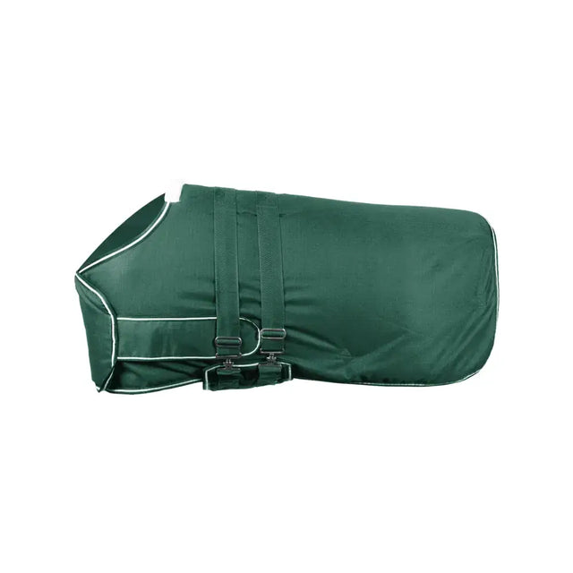 Dark green bucas foal turnout rug with white trim, adjustable black straps, sweat absorbing lining, and thermal padding