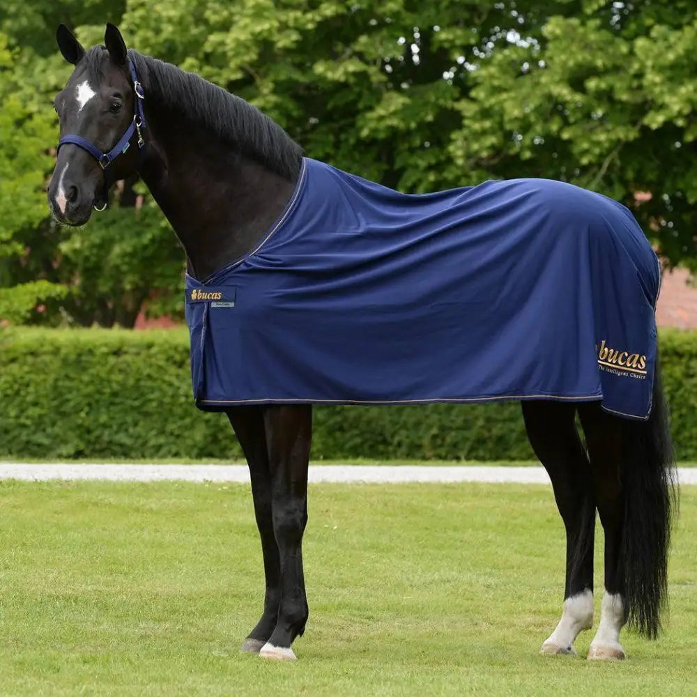 Navy blue fabric bucas panel prize cooler rug with gold embroidered bucas branding and removable panel feature