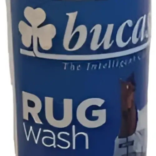 Blue cylindrical can of bucas rug wash with white lettering and shamrock logo for effective rug cleaning