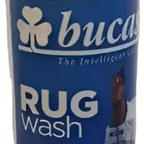 Blue cylindrical can of bucas rug wash with white lettering and shamrock logo for effective rug cleaning