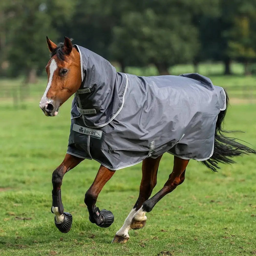 Gray waterproof bucas smartex rain sheet pony with white trim lucas branding thermobonded polyester wadding