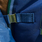 Blue woven nylon strap with gold-toned buckle on bucas smartex rain sheet pony with thermobonded polyester wadding