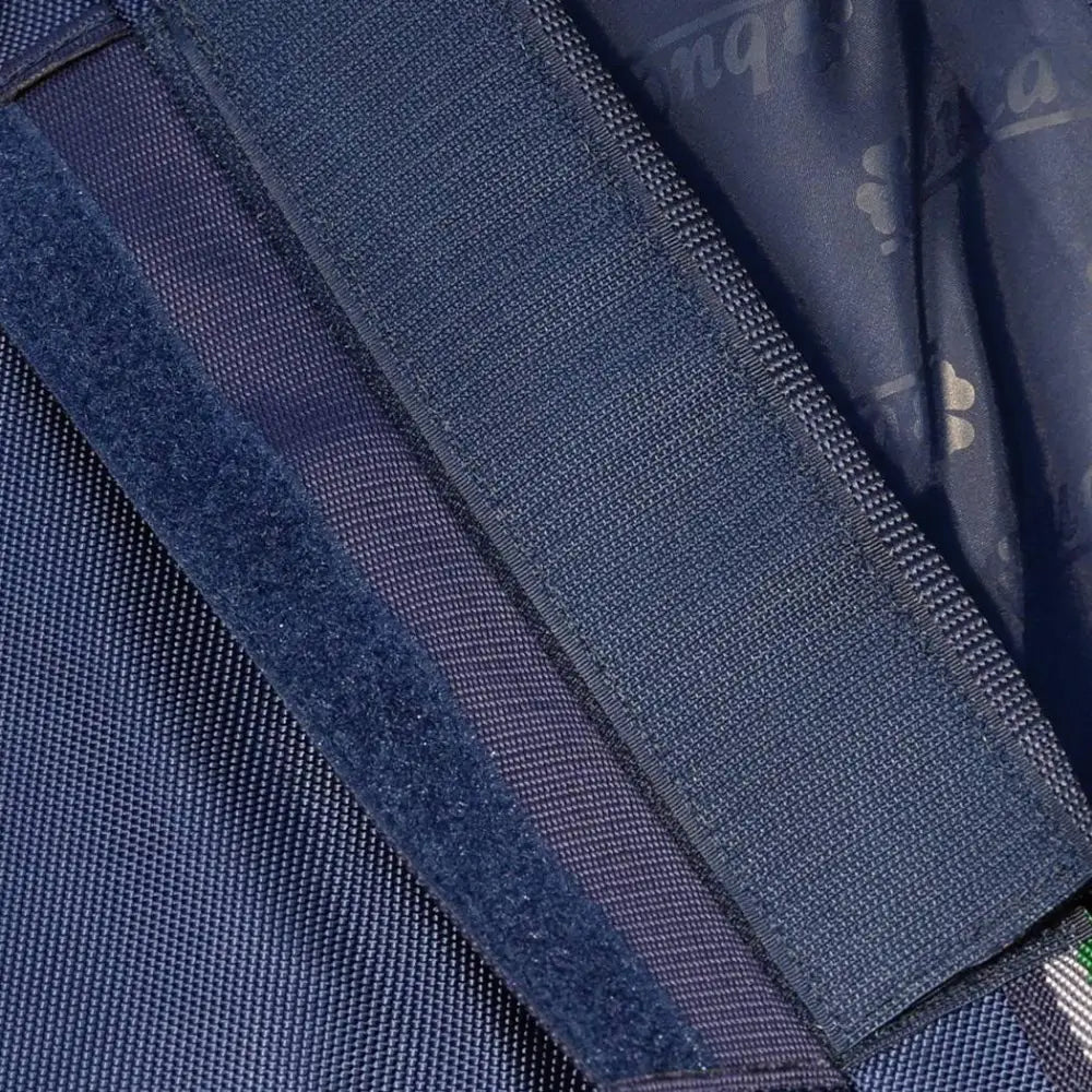 Dark blue nylon strap with textured weave and matching zipper on bucas smartex rain sheet pony with thermobonded polyester wadding