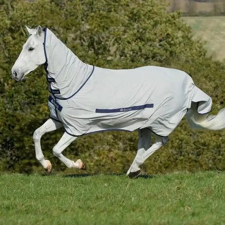 Light gray Bucas sweet itch fly rug with navy trim and snap-lock magnetic closures for heat reflective horse protection