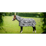 A bucas sweet itch black and white zebra fly rug with shoulder darts for a snug fit on horses and ponies
