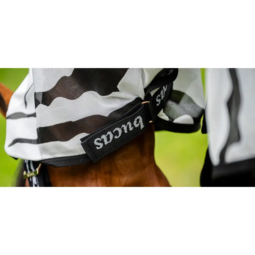 Black and white camouflage bucas sweet itch fly mask with branded label designed for itch zebra fly and shoulder darts fit