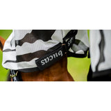 Black and white camouflage bucas sweet itch fly mask with branded label designed for itch zebra fly and shoulder darts fit