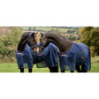 Navy blue bucas therapy mesh cooler horse blanket with orange branding and breathable mesh panels for cooling comfort