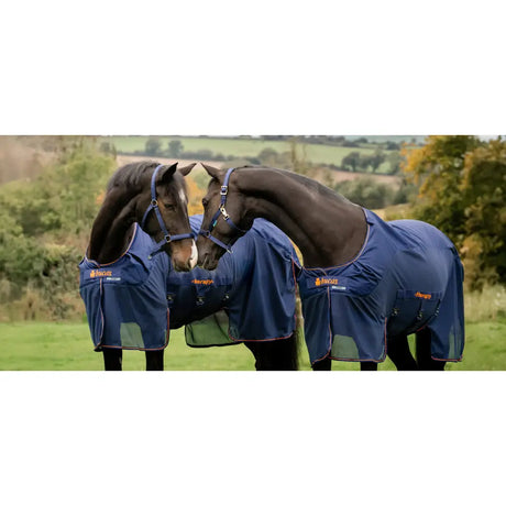 Navy blue bucas therapy mesh cooler horse blanket with orange branding and breathable mesh panels for cooling comfort