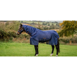 Blue horse blanket with orange trim and adjustable straps for bucas therapy mesh cooler featuring breathable mesh material