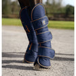 Navy blue bucas therapy travel boots with orange stitching ripstop outer and padded leg wrap design