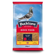 Bucktons dove food 20 kg bag with red and blue packaging featuring a pigeon image for all year round feeding