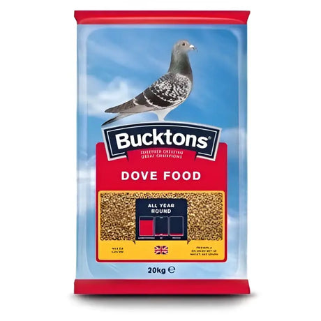 Bucktons dove food 20 kg bag with red and blue packaging featuring a pigeon image for all year round feeding