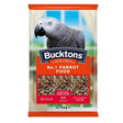 Bucktons no1 parrot food 12.75kg bag with adanish designed orange red label featuring sunflower seeds and yellow biscuit