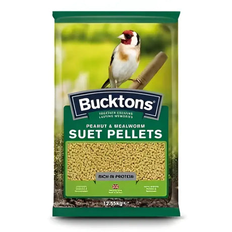 Bucktons peanut and worm suet pells 12.55k in green package with gold bird illustration perfect for feeding birds