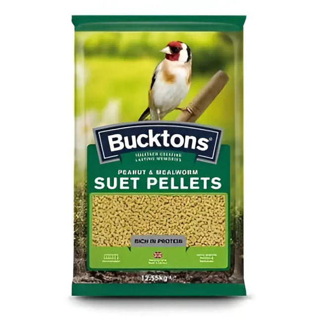 Bucktons peanut and worm suet pells 12.55k in green package with gold bird illustration perfect for feeding birds