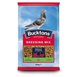 A 20kg bag of bucktons pigeon breeding mix with red and blue packaging featuring a grey pigeon image