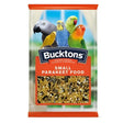 Bucktons small parakeet food in a clear plastic bag with orange border showing colorful seeds and birds on label