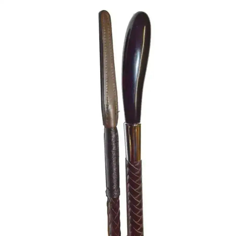 Two dark brown leather shoe horns with braided handles and polished buffalo horn tip stylish cane topped design