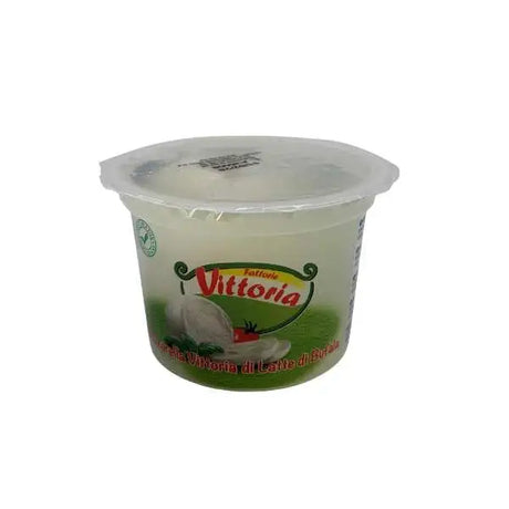 Vittoria buffalo mozzarella ball 125g in clear container with green label red lettering inspired by local dairy farms